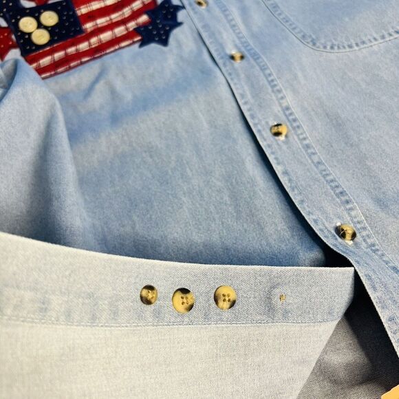 Patriotic Outrageous Sport Men Denim Button Down Shirt Blue Embroidered Cotton L - Picture 8 of 13